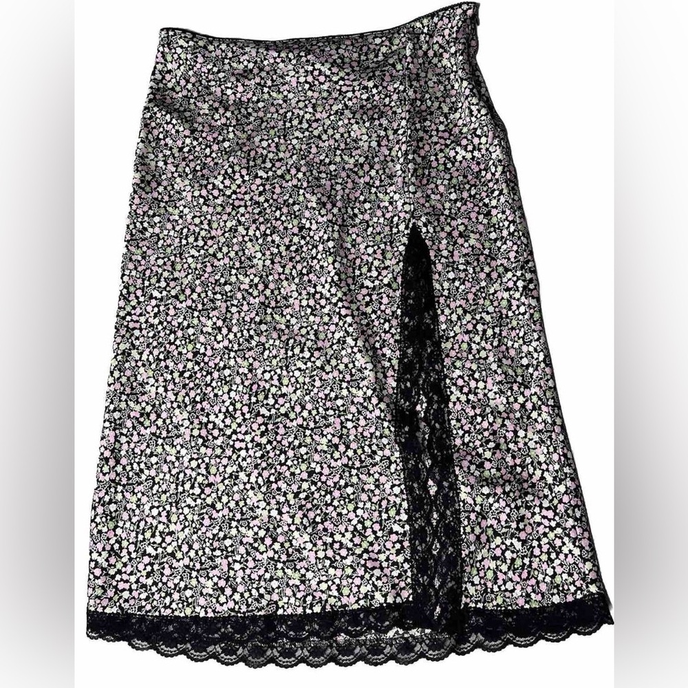 H&M Floral Divided Midi Skirt - Black Pink & Green Floral Lace
